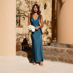 Backless Slit Solid Color Dress Sling Slim Mid Length