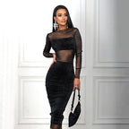 Bright Tube Top High Waist Package Hip Dress Mesh Blouse Three Piece Sets