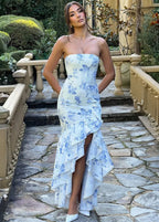 Floral Elegance Strapless Ruffled Maxi Dress