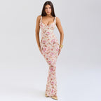 Floral Print Deep V-Neck Fitted Party Dress