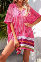Color Block V Neck Slit Hollow Short Sleeved Knitted Cover Up
