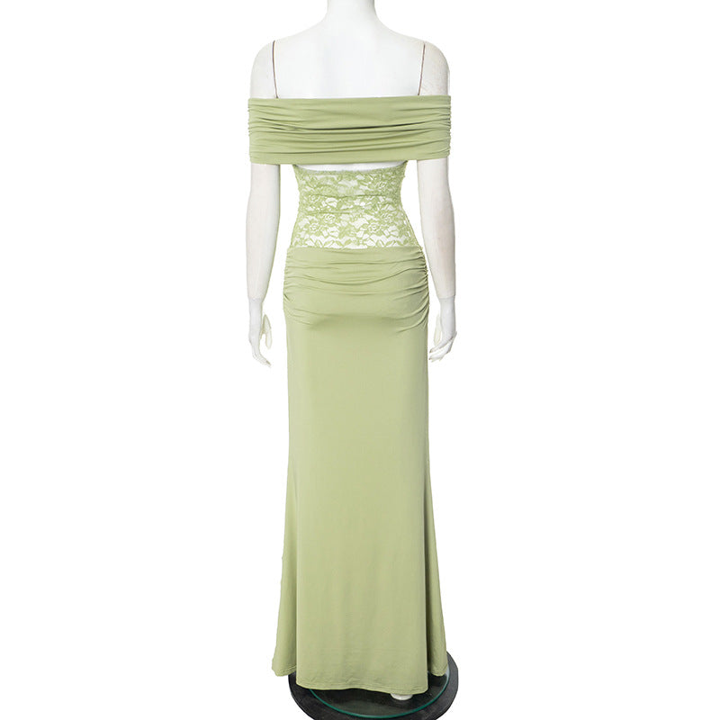 Women's Spring/Summer New Solid Color Off Shoulder Splicing Lace Extra Long Slimming Dress