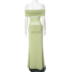 Women's Spring/Summer New Solid Color Off Shoulder Splicing Lace Extra Long Slimming Dress