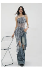 Black Asymmetric Ribbon Strap Tank Top With Ruffle Edge Design