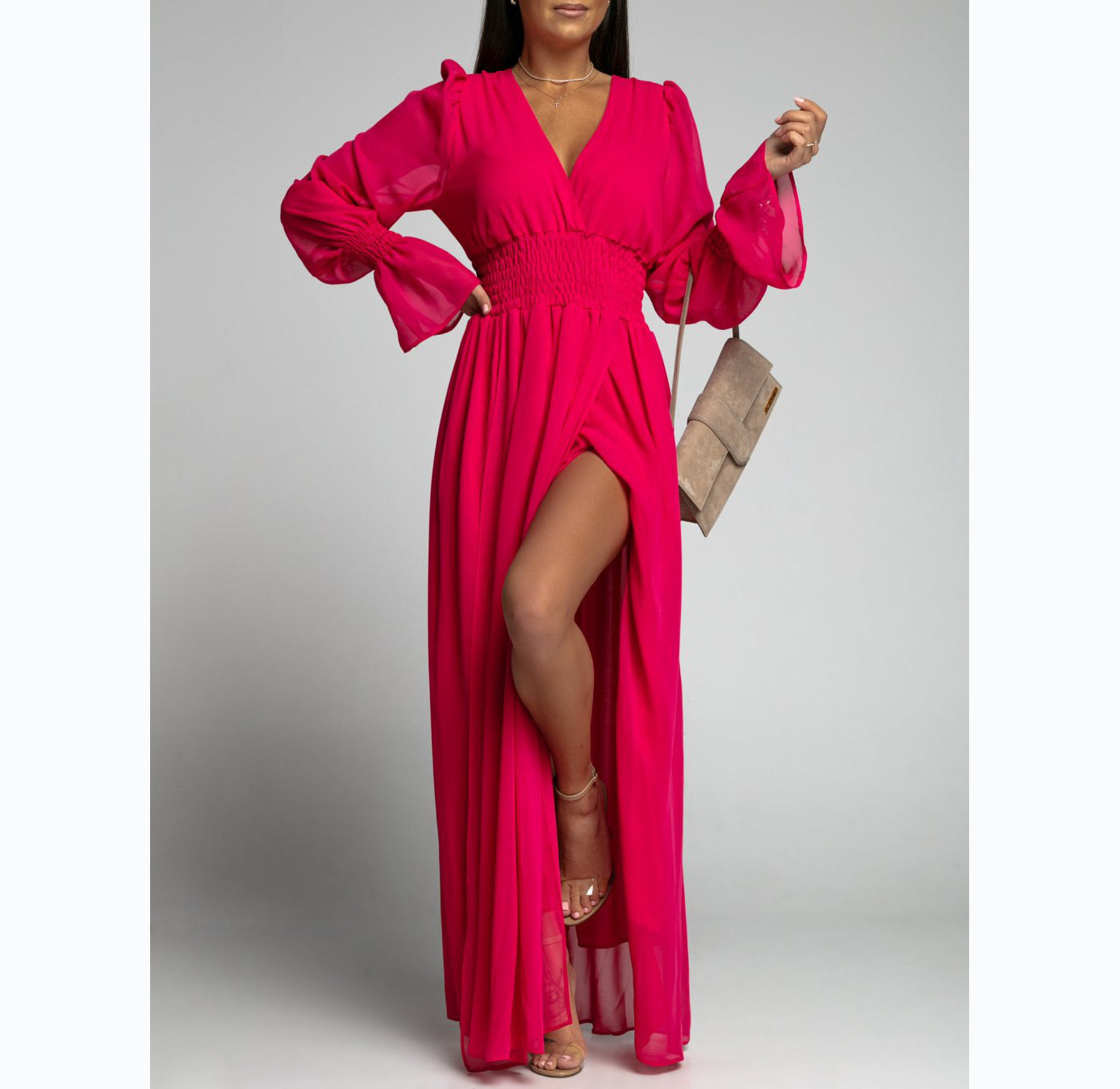 Waist - Tight Petal Sleeve Chiffon Dress