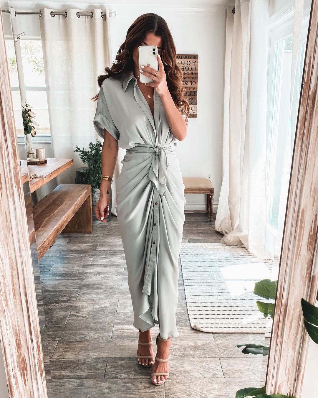 Luv Satin Tie Front Midi Shirt Dress Olive