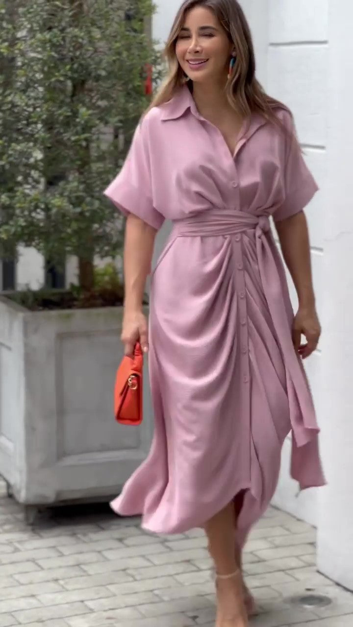 Essence Satin Tie Front Midi Shirt Dress Lavender