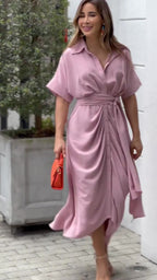 Essence Satin Tie Front Midi Shirt Dress Lavender