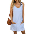 round Neck Striped with Pockets Button Strap Casual Dress