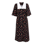 Floral Print Slit Tight Waist A line Dress Elegant Short Sleeve Doll Collar Dress