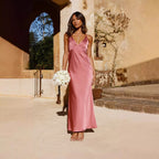 Backless Slit Solid Color Dress Sling Slim Mid Length