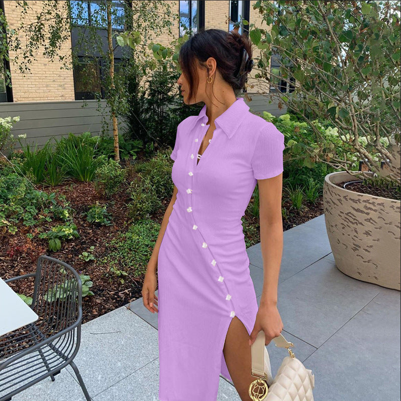 Short Sleeve Lapel Skinny Mini Dress