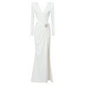White Long Sleeve Pleating Hollow Out Cutout Cross Dress V Neck Metal Waist