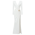 White Long Sleeve Pleating Hollow Out Cutout Cross Dress V Neck Metal Waist