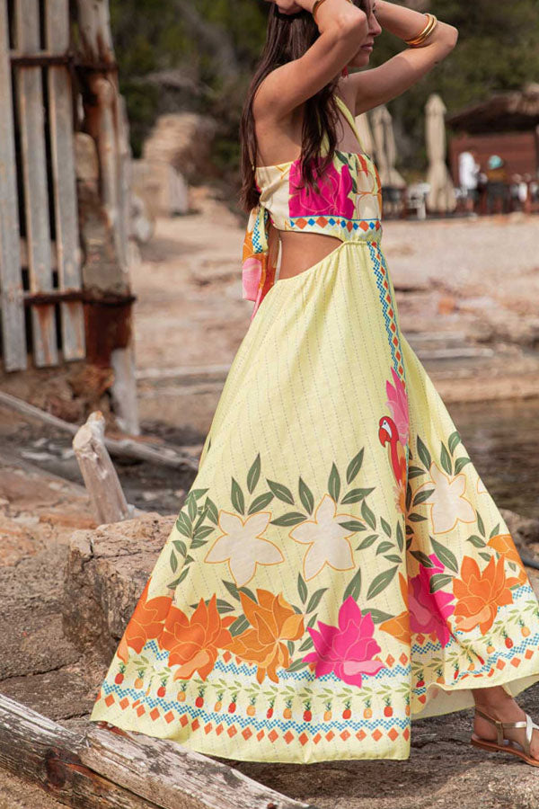Resort Style Unique Print Sexy Square Neck Backless Waist Maxi Dress