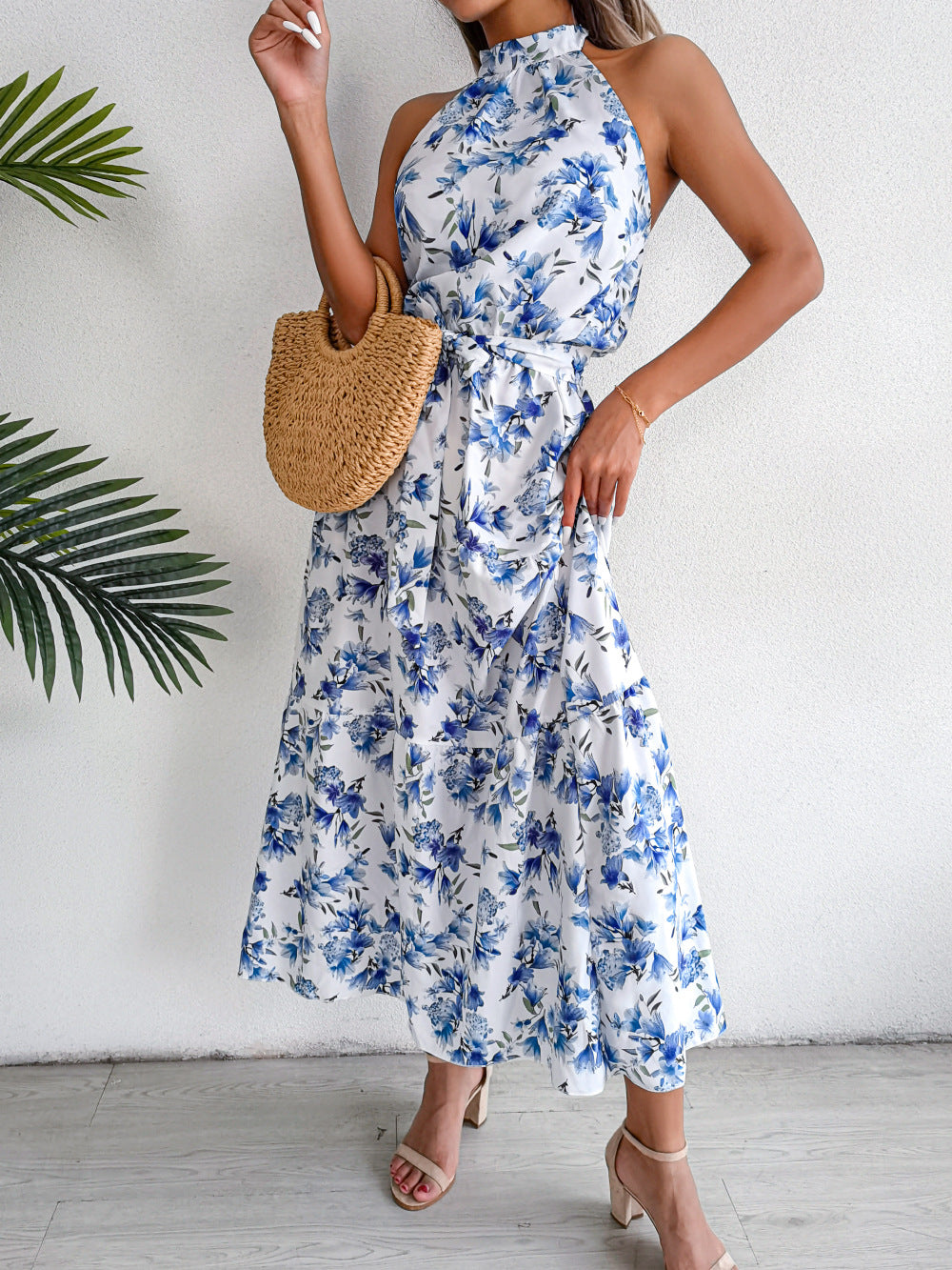 Sure Thing Floral Chiffon Halter Maxi Dress Blue FINAL