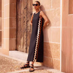 Casual Round Neck Vest Solid Color Lace Stitching Mid Length Dress