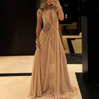 Ethereal Moment Tulle Cutout Ruched Waist Backless Halter Maxi Dress