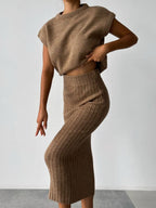 Knit Short Sleeve Sweater and Stretch Ribbed Midi Skirt Set