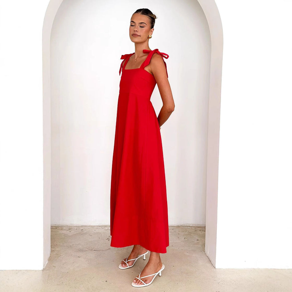 Solid Color Tube Top Maxi Lace up Dress