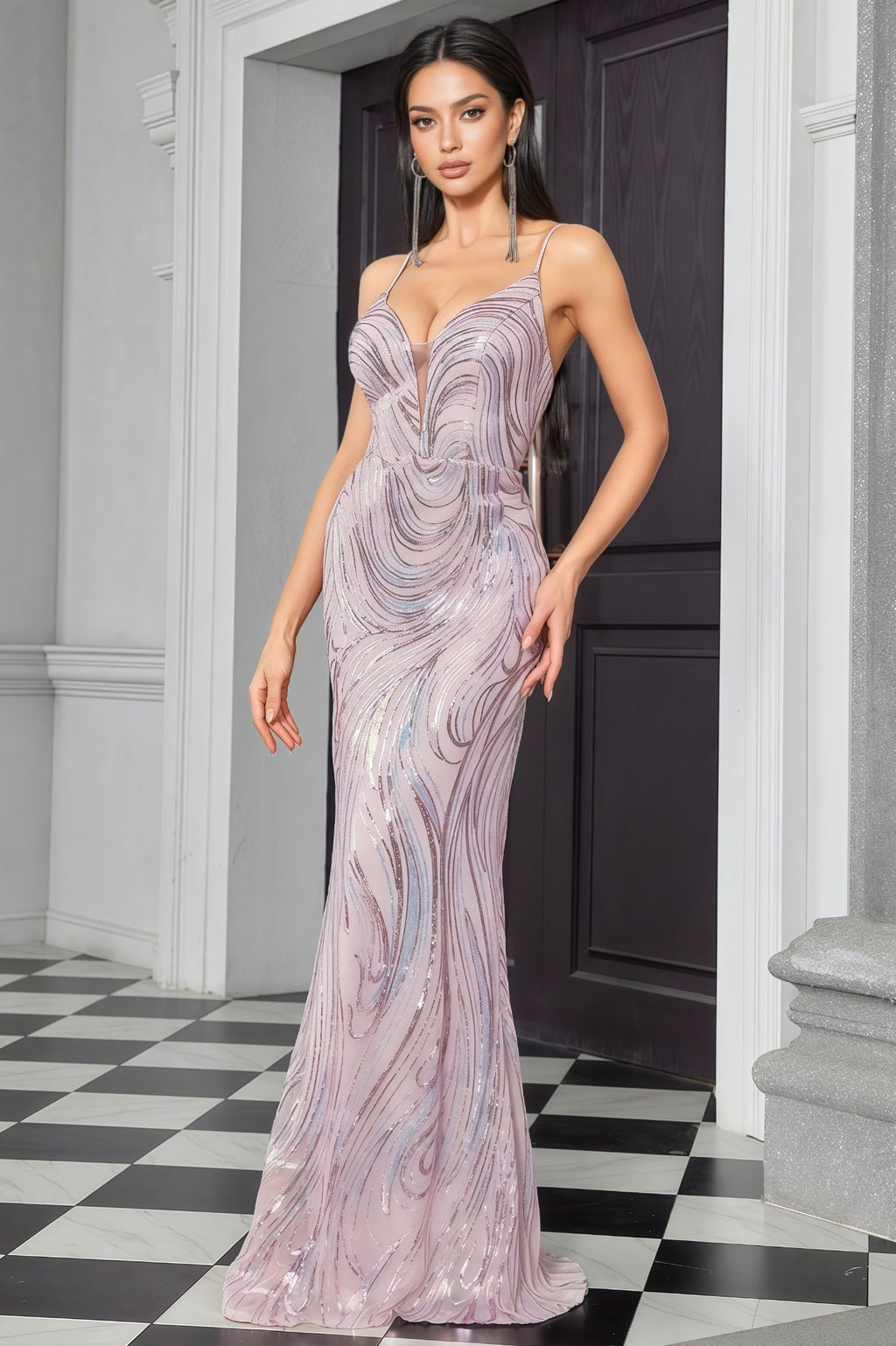 Vioky Pink Sequin Striped Maxi Dress