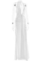 Solid Color Elegant Halterneck V-neck Open Back Tie Gathered Maxi Dress