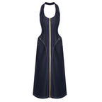 Elegant Solid Color Sleeveless Halter Slim Fit Backless Sheath Dress Denim Summer