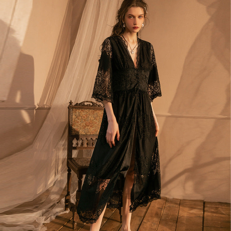 Emma Sheer Crochet Lace Maxi Dress Black