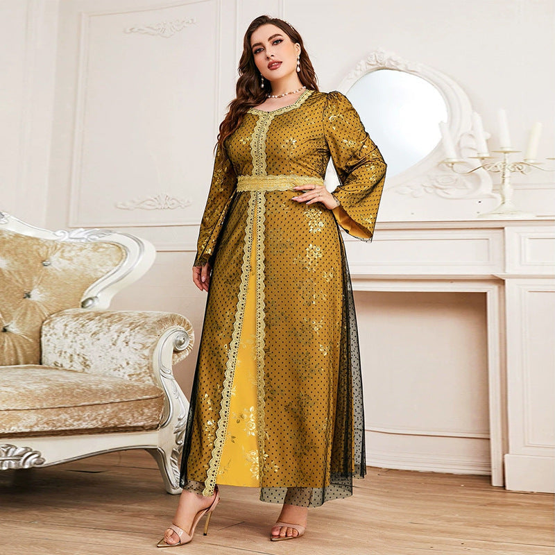 Plus Size High Waist Loose Long Sleeve Mesh A line Dress