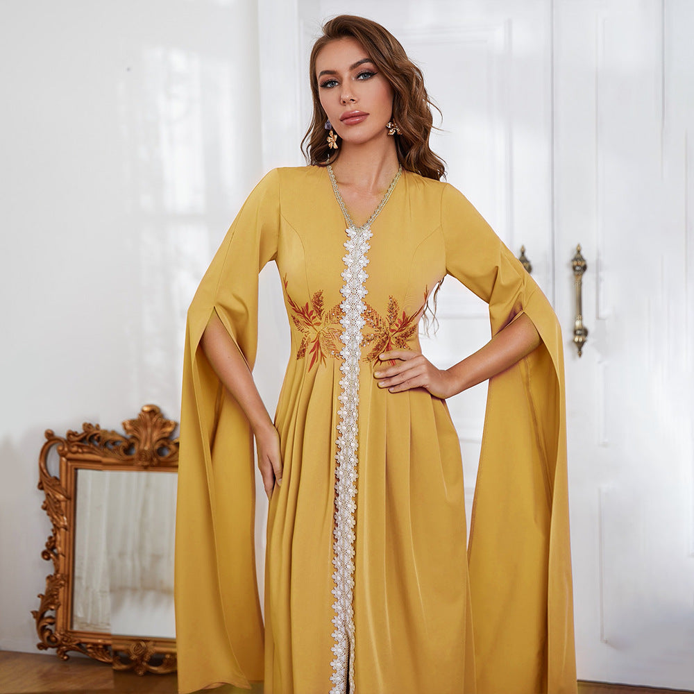 Dress V neck Embroidery Irregular Asymmetric Maxi Dress