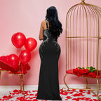 V neck Brace Maxi Dress Slim Fit Rhinestone Sheath Dress