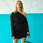 Mature Solid Color Long Sleeve off the Shoulder Upper Body Loose Short Dress