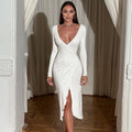 Deep V Plunge Long Sleeve Waist Tight High Slit Dress
