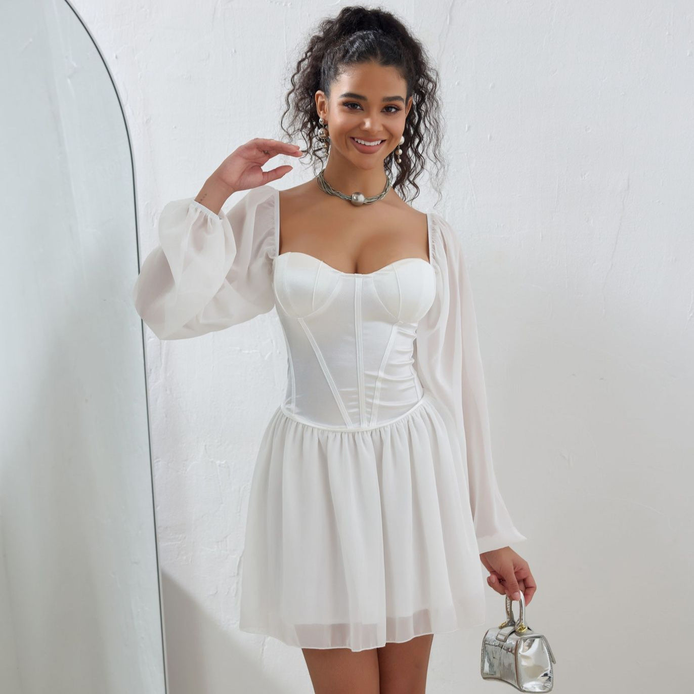 Plus Size Dress Tube Top Square Collar Mesh Stitching Satin High Waist A line Dress