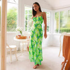 Fresh Sweet Floral Print Backless Mid Length Dress