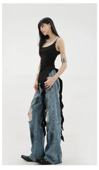 Vintage Distressed And Dirt-Dyed Patchwork Wide-Leg Jeans