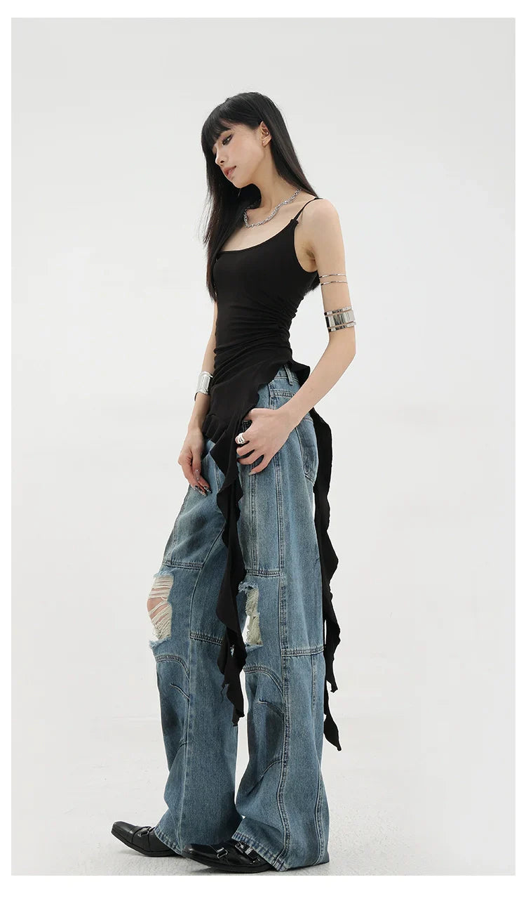 Vintage Distressed And Dirt-Dyed Patchwork Wide-Leg Jeans