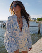 Ladies' Wealthy Satin Unique Printed Tassel Shirt and Elastic Waist Shorts Set