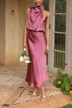 Classic on You Satin High Cowl Neck Top and Elastic Waist Pocket Loose Pants Set