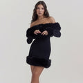 Black Plush Long Sleeve off Shoulder Dress Fur Backless Hip