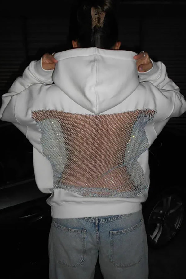 Fashionable Shiny Mesh Hollow Back Loose Long-sleeved Hooded Sweatshirt
