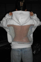 Fashionable Shiny Mesh Hollow Back Loose Long-sleeved Hooded Sweatshirt