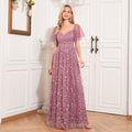 Elegant See through Short Sleeve V neck U Back Evening Dress A line Embroidery Mesh Full Lining Dress