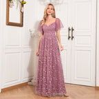 Elegant See through Short Sleeve V neck U Back Evening Dress A line Embroidery Mesh Full Lining Dress