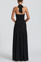 Solid Color Halter Neck Backless Slim Fit Pleated Slit Maxi Dress