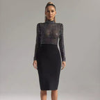 Mesh Stitching Bandage One Piece Turtleneck Diamond Nightclub Party Dress