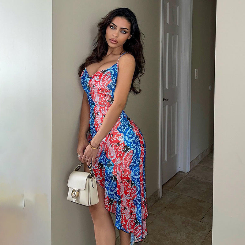 Elena Exclusive Women's Asymmetrical Summer Dress with Floral Pattern and Spaghetti Straps Boutique Collection