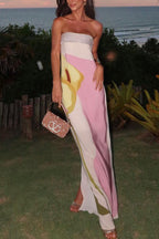 Wrapped Chest Satin Positioning Printing Floor Length Dress