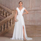 Solid Color V neck Backless Velvet Collar Chiffon Split Elegant Slim Fit Cocktail Evening Dresses