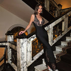 Sleeveless Deep V Plunge Lace StitchingElegant Lady Dress Slim Sheath Dress Long